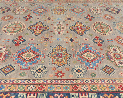 8x10 Brown Gray Kuba Afghan Hand Knotted Wool Area Rug